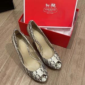 Coach Selma peep toe python snake heels, size 8